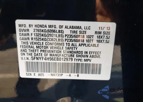 2014 Honda Pilot Touring из США, поврежденный, VIN 5FNYF4H96EB012979